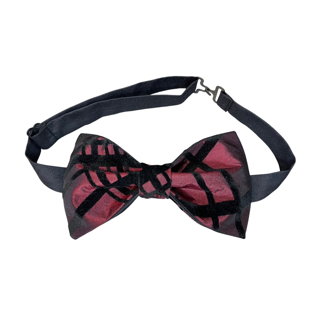 Mens Burgundy and Black Velvet Geometric Grid Pre-Tied Bow Tie Adjustable Strap